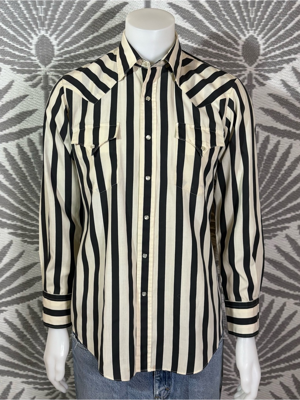 Vintage Western Pearl Snap Shirt Black Cream Stripe Cowboy Rodeo Mens M
